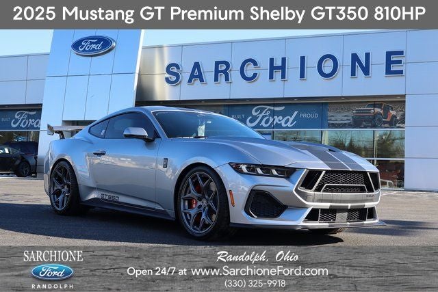 2025 Ford Mustang GT Premium Shelby GT350 in Iconic Silver Metallic — front three-quarter view