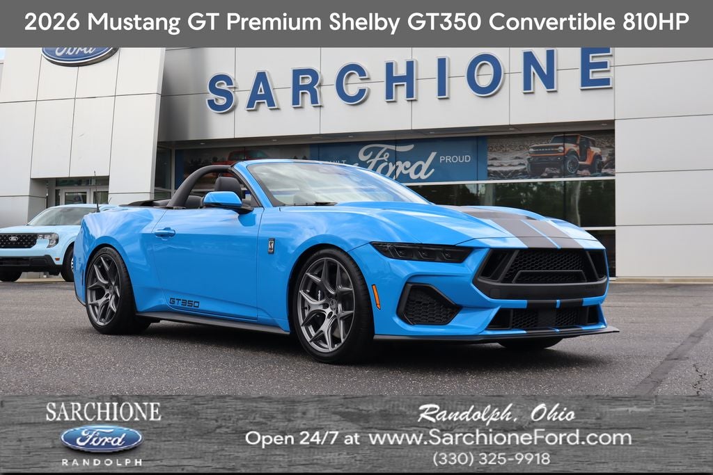 2026 Ford Mustang GT Premium Shelby GT350 in Grabber Blue Metallic — front three-quarter view