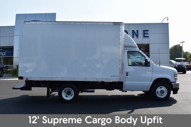 2025 Ford E-350SD Cutaway DRW w/12' Supreme Cargo Body in Oxford White — front three-quarter view