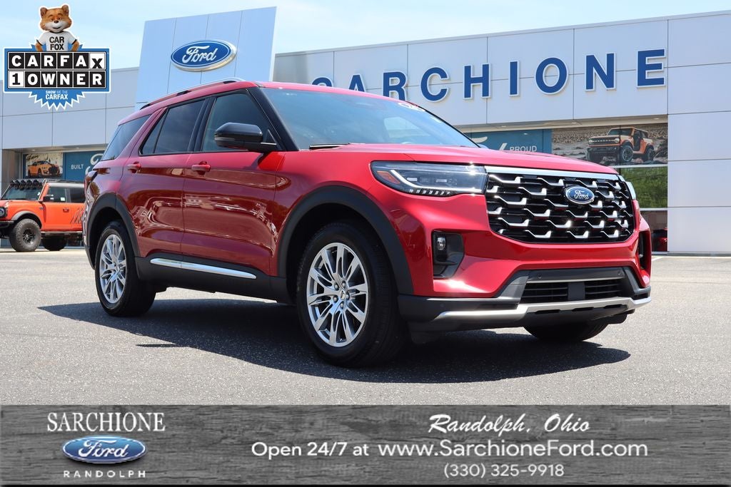2026 Ford Explorer Platinum in Rapid Red Metallic Tc — front three-quarter view