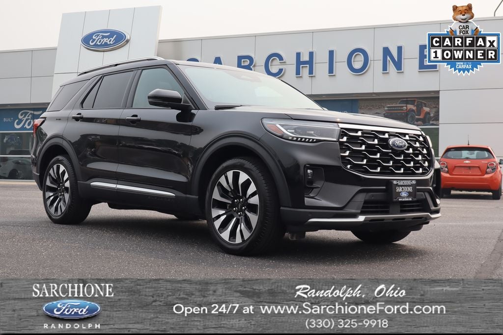 2025 Ford Explorer Platinum in Agate Black Metallic — front three-quarter view