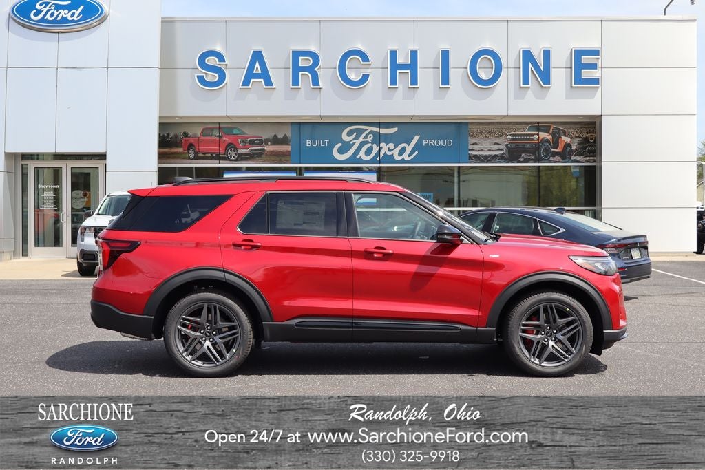 2026 Ford Explorer ST-Line in Rapid Red Metallic Tinted Clearcoat — front three-quarter view