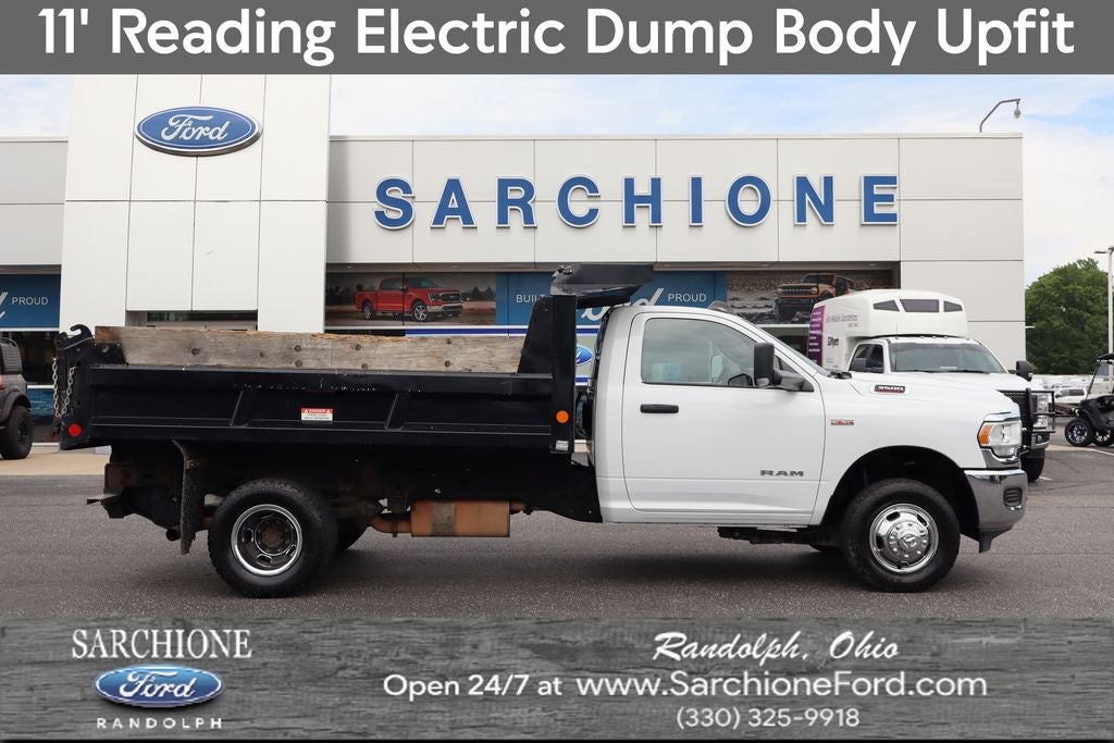 2021 RAM 3500 Tradesman w/11' Reading Electric Dump Body in Bright White Clearcoat — front three-quarter view